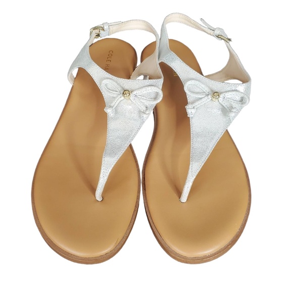 Cole Haan Findra Thong Bow Detail Buckle Ankle Strap Sandals Silver Womens 8B - Picture 1 of 11